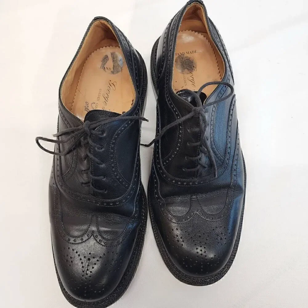 George's Coll Size 7.5 Mens Handmade SPAIN Black Leather Wingtip Oxfords K